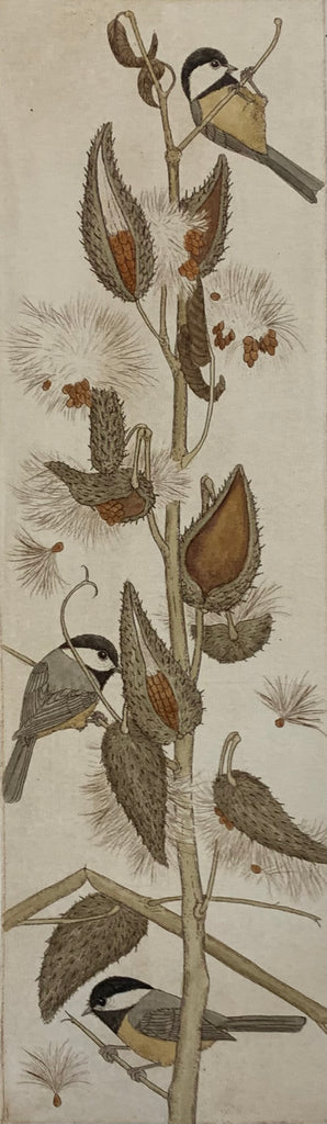 Chickadee and milkweed pods III